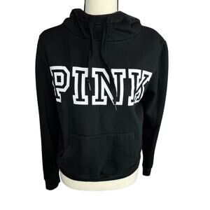 Victoria’s Secret PINK Black Hoodie Fleece Lined Pullover Logo Front Cozy Size M